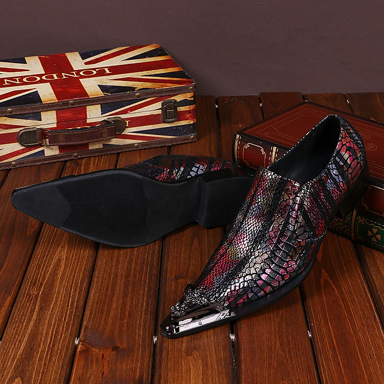 Christia Bella Metal Carved Flowers Pointed Toe Man Plus Size Shoes Multicolor Serpentine Genuine Leather Men's Nightclub Shoes