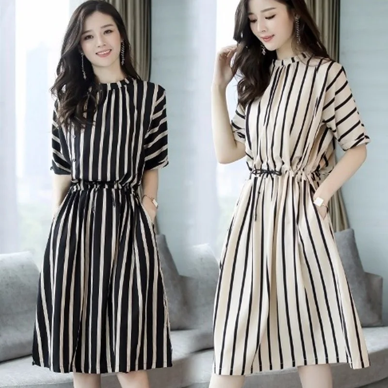 

Women Summer Dress Half Sleeves Slim Fit Striped Round Neck Elastic Waist EIG88