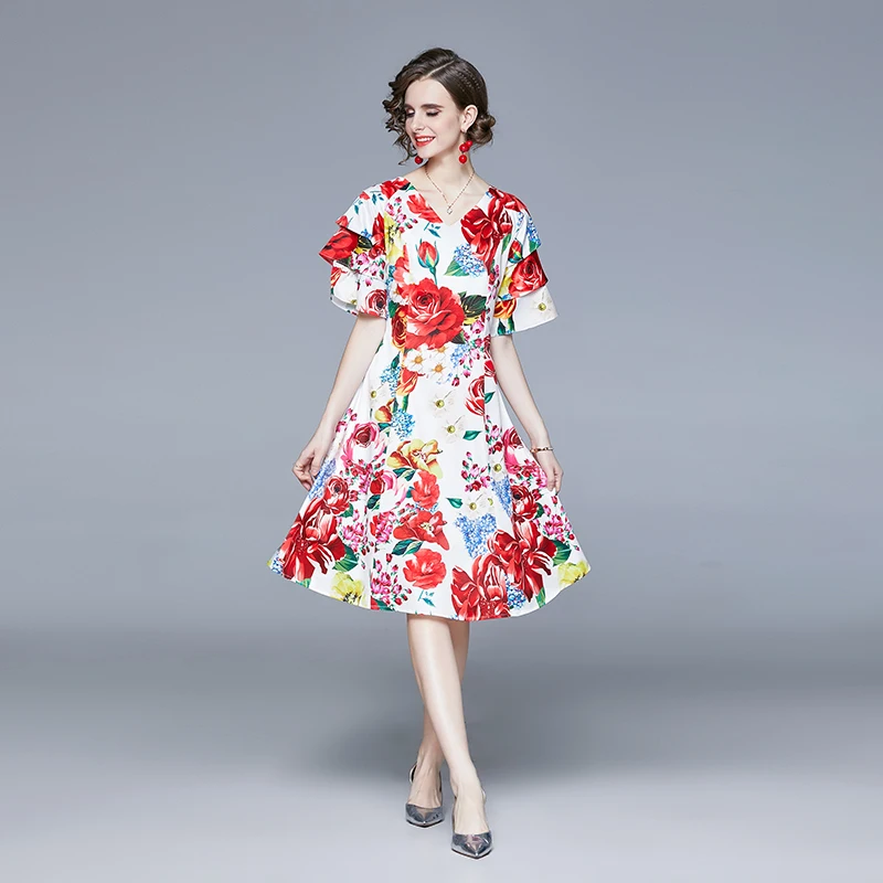 

LUKAXSIKAX 2021 New Spring Summer Women V-Neck Half Sleeve Dress High Quality Gorgeous Flowers Print Elegant Dress