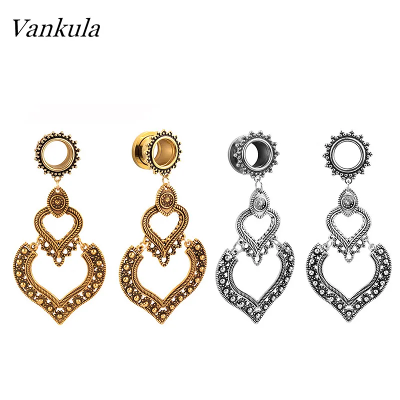 Vankula 2 шт. двойные сердечные Висячие серьги расширительные туннели пробки из