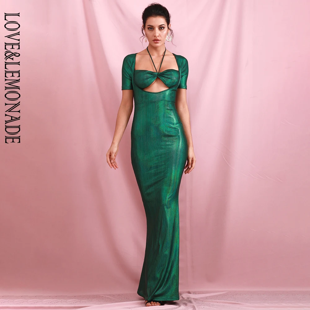 LOVE& LEMONADE сексуальное зеленое с вырезами облегающее эластичное светоотражающее Макси-платье LM82069