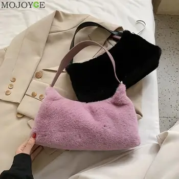 

Women Plush Tote Bag Female Solid Color Fashion Small Shoulder Bags Autumn Winter Underarm Shopping Handbag