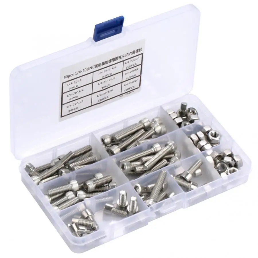 

90pcs 1/4-20UNC Stainless Steel Hex Socket Cap Head Bolts Hex Screw Assortment Kit Stainless Self Tapping Screws Screw Nut