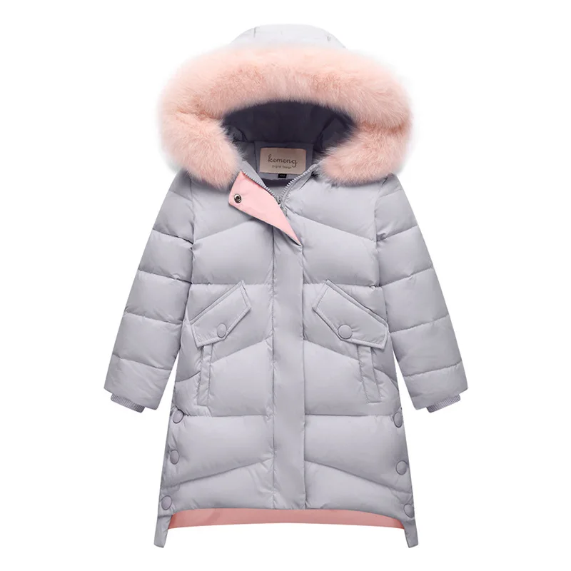 Модная детская куртка на утином пуху теплая для холодной зимы длинная толстая зимняя куртка с меховым воротником Детское пальто для девочек верхняя одежда
