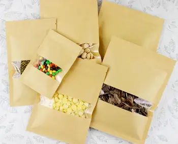 

16*26cm 100pcs kraft ziplock bag with clear window flat bottom paper kraft bag kraft paper window bag with zipper