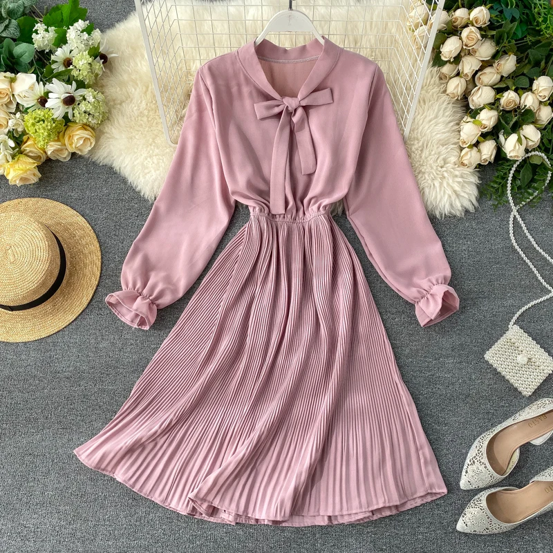YuooMuoo сладкий галстук-бабочка дизайн розовая Женская рубашка платье весна осень с длинным рукавом элегантное плиссированное платье дамы миди платье Vestidos