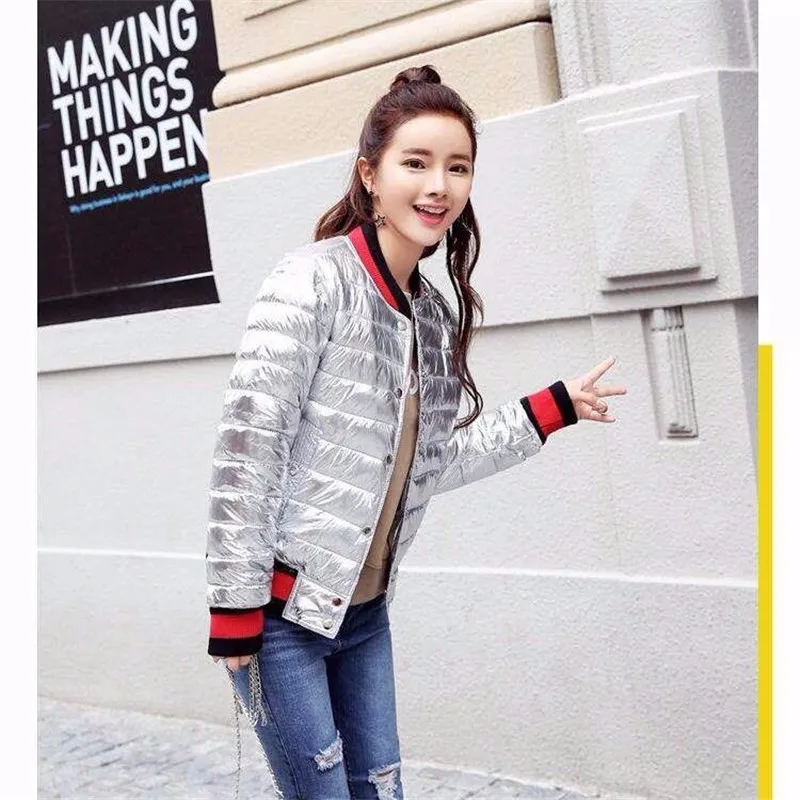 2019 Fashion Zipper Women Glossy Baseball Jacket Winter Down Parka Female College Jackets Bomber Jacket Coats Basic Outwear