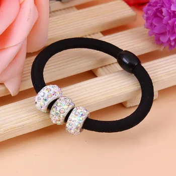 

DHL 1000pcs Korean Three Full Crystal Headwear Black Elastic Hair Rubber Bands Girls Lovely Hair Ropes Ponytail Holder Tie