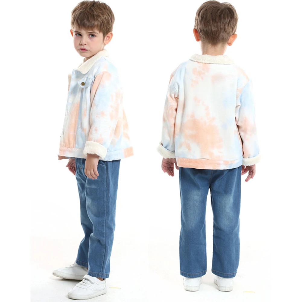 

Tie-Dye Denim Jackets for Girls Winter Jean Coat Lapel Outerwear Printing Cowboy Clothes Warm Cotton Tops Boys Windproof Coat