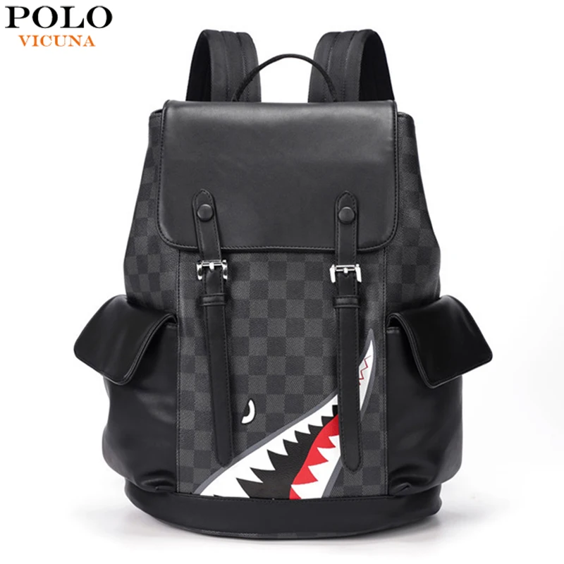 

VICUNA POLO Personality Plaid Leather Men Backpack Bag Large Capacity Travel Backpack School Laptop Backpacks For Men/Women