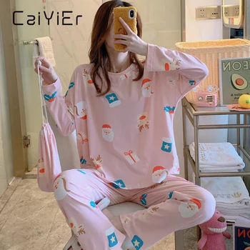 

CAIYIER Rainbow Cat Print Girls Pajamas Set O-Neck Spring Winter Casual Nightwear Soft Outerwear With Cloth Bag 3PCS Christmas