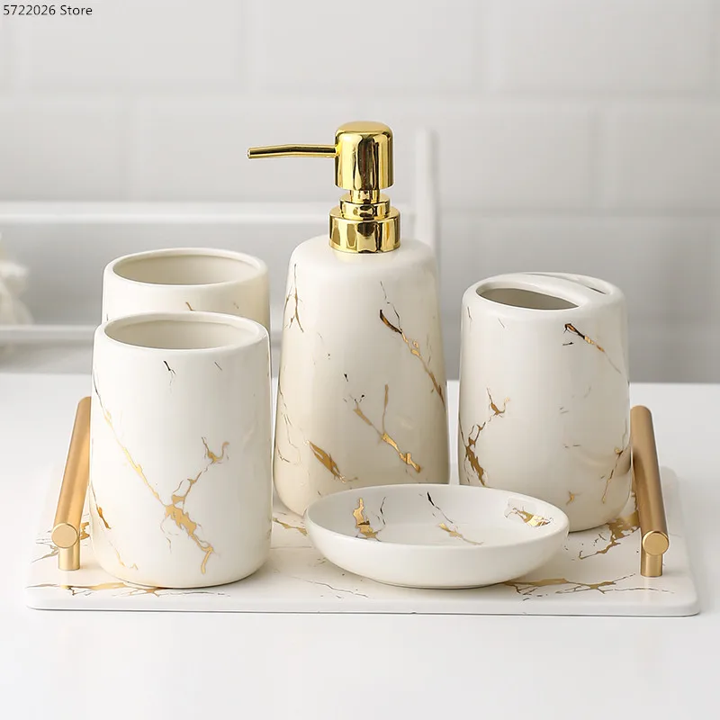 Bathroom-Set Ceramic Toiletries Marble Soap-Dispenser/tray Porcelain-Cup