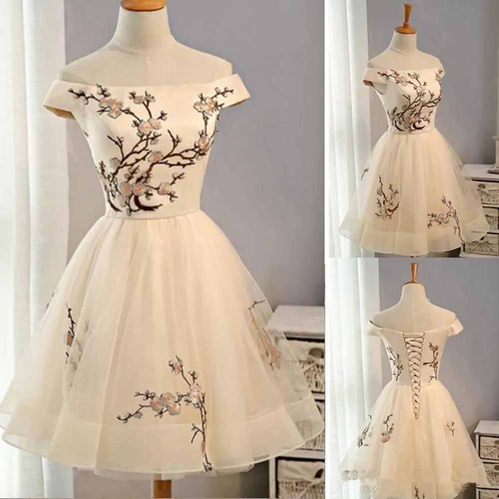 Maturitní domácí short/mini šaty tyl krajky chinoiserie nášivka off-the-shoulder krátce rukávy koktejlové ples večírek gowns