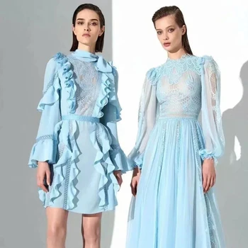 

Ruffled Sexy Lace Hollow Flare Sleeve Long Sleeve Party High Quality Temperament Elegant Blue Mini Dress Spring Summer New