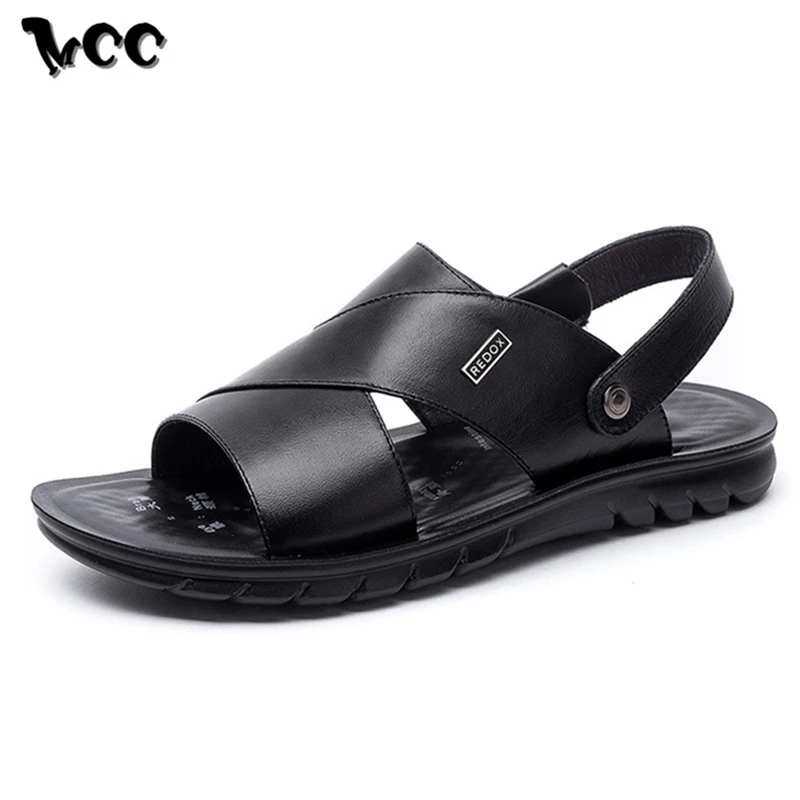 Сандалии мужские из натуральной кожи однотонные Нескользящие мягкие дышащие