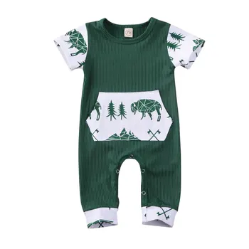 

0-18M Summer Infant Kids Baby Boys Girls Rompers Pattern Print Short Sleeve Pocket Jumpsuits Clothes