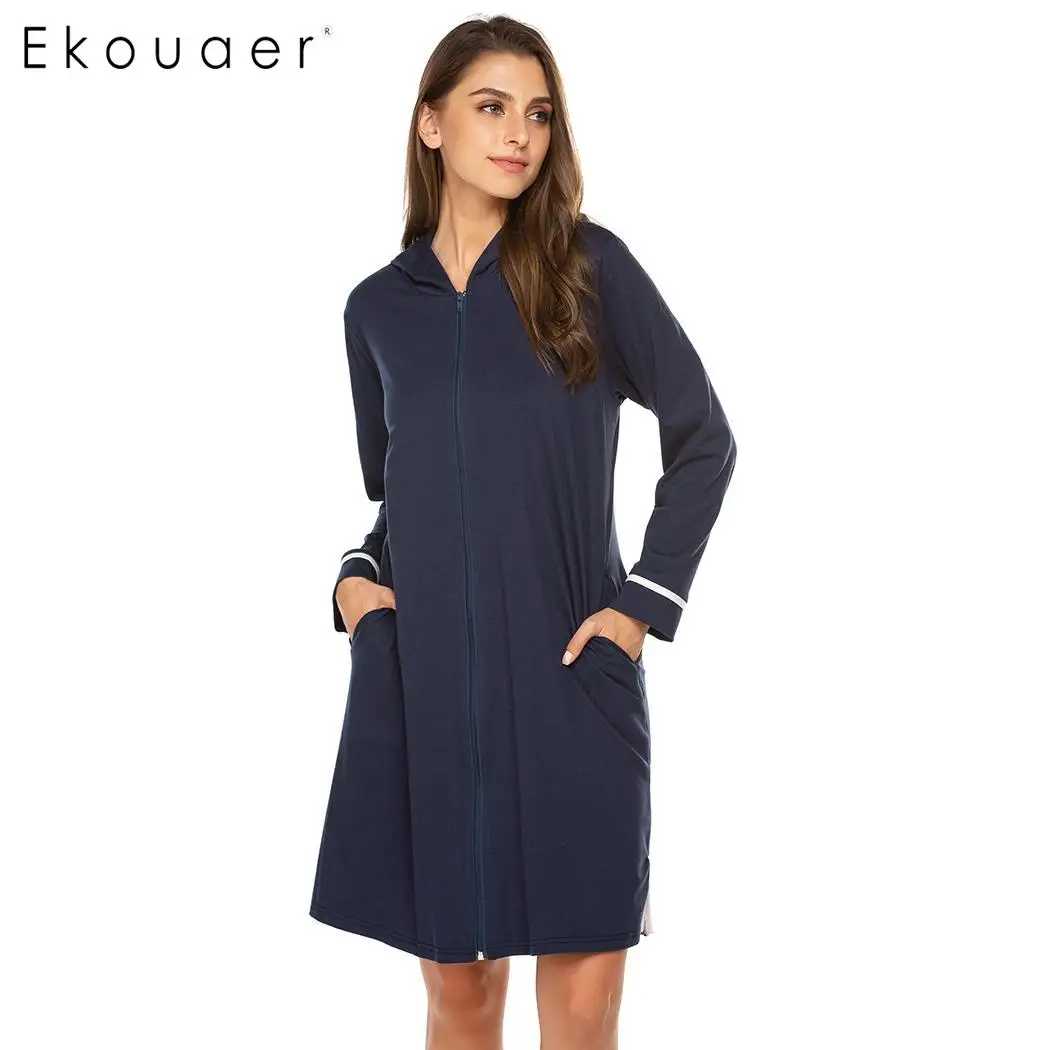 Ekouaer женский халат с капюшоном, Весенняя осенняя одежда для сна, круглый вырез, длинный рукав, свободные карманы, на молнии, халаты, халат, ночная одежда