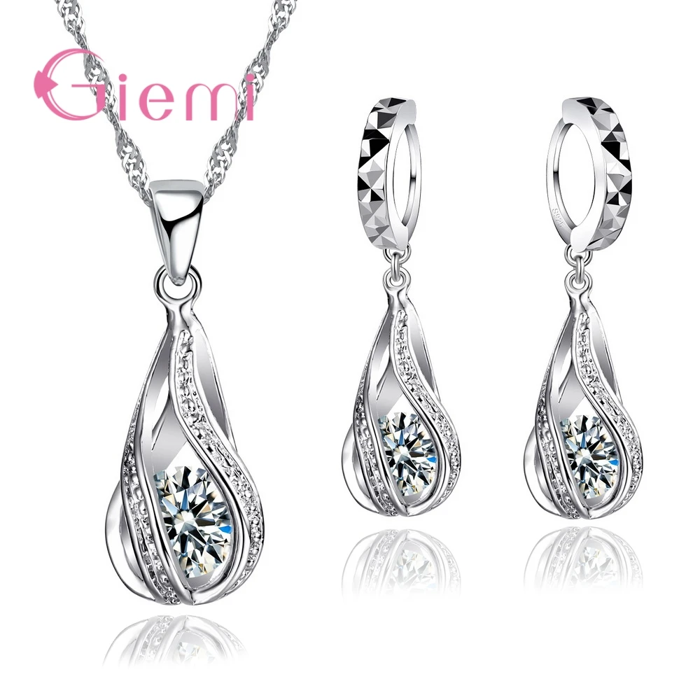 White 925 пробы, серебро, новая капля воды, кубический циркон, подвеска, ожерелье и серьги для женщин, дамские ювелирные наборы, свадебные - Окраска металла: White
