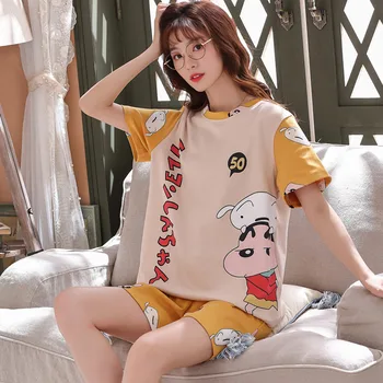 

Cute Crayon Women Loose Casual Sleepwear T-Shirts and ShortsShin-chan Print Summer Pajamas Set For Pjs Big Size Home Suit