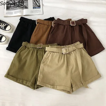 

Shorts Women Winter Corduroy Sashes Wide-leg Crimping Elastic-waist Solid Korean Style Womens Casual All-match Elegant Chic New