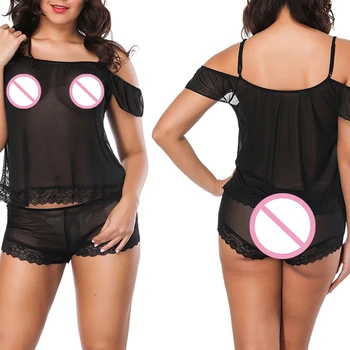 

Exotic Pajamas Women Transparent Sleepwear Short Draping Sleeves Open Shoulder Panels Lace Trim Two Piece Set