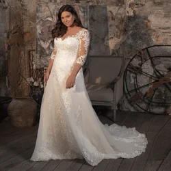 Fashion Three Quarter Ivory Wedding Dresses for Brida Court Train Applique Floor-Length Soft Tulle  платье Button Back Plus Size
