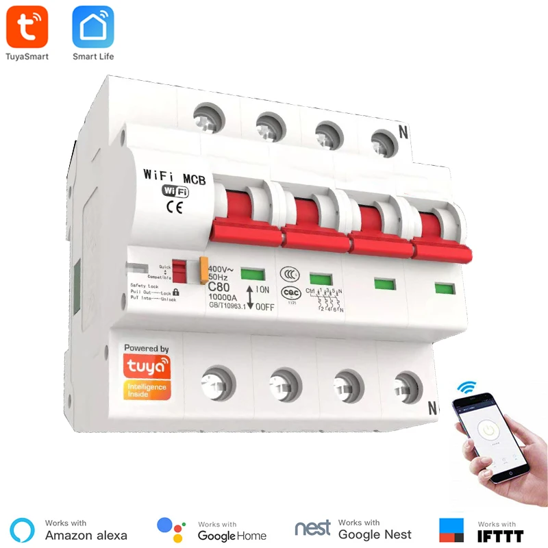 Interruptor Autom/ático WiFi Disyuntor Smart Disyuntor KKmoon Interruptor protector de circuito 1P 50A//2P 63-80A Interruptor de sincronizaci/ón control de voz del tel/éfono remoto del disyuntor