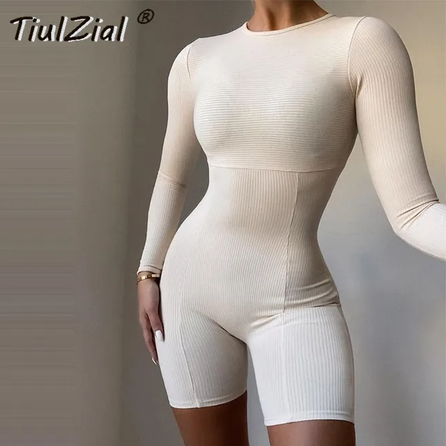 TiulZial Long Sleeve Knitted Bodycon Playsuit Romper White Short Sport Overall Women Home Back Zipper Outfit Black White 4