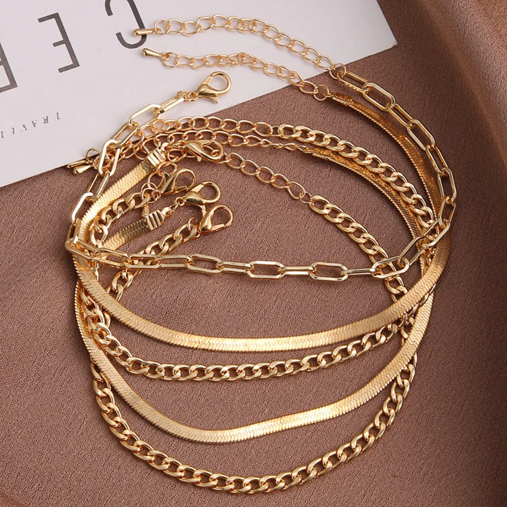 DIEZI New Vintage Simple Gold Color Snake Link Chain Anklets Women Girls Bohemian Leg Ankle Anklet Bracelet Beach Jewelry