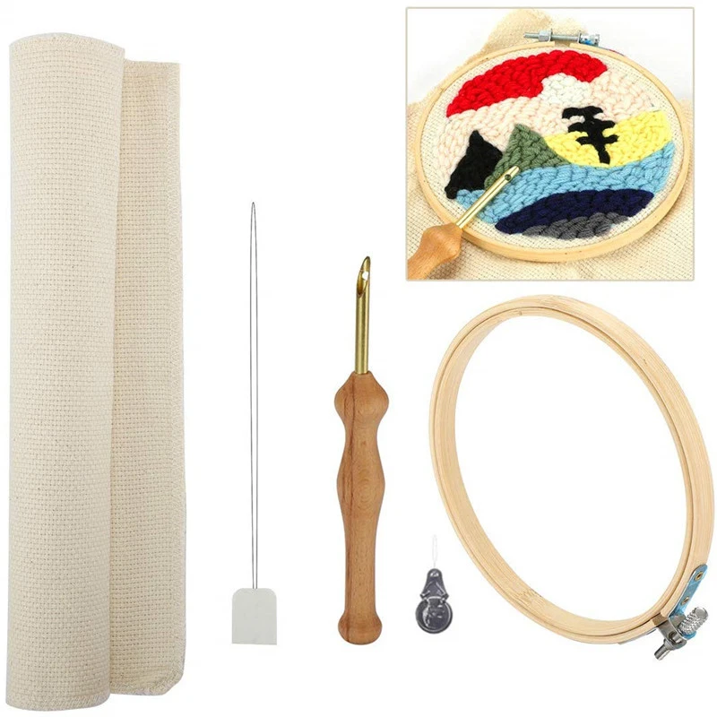 Wooden Magic Embroidery Pen Punch Needle Felting Threader Set Needlework Kit with Embroidery Hoop Fabric Cloth Set For Women (1)