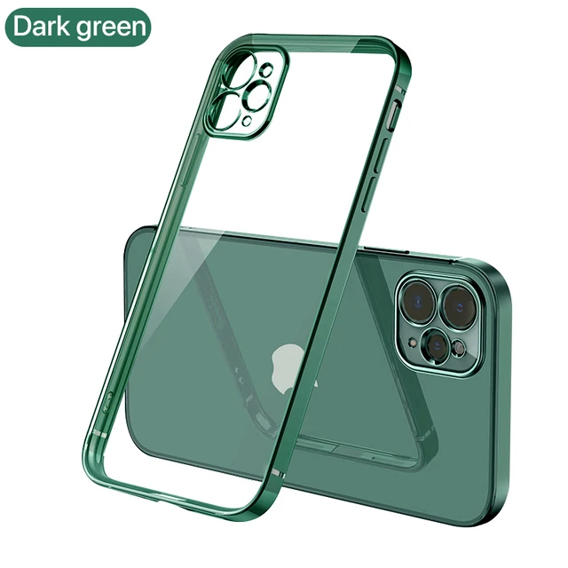 Luxury Transparent Square Frame Plating Case for iPhone 13 12 11 Pro Max Mini iPhone X Xs Xr 7 8 Plus SE 2020 Soft Clear Cover Dark green