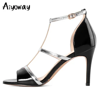 

Aiyoway New Arriva Women Sandals Summer Thin High Heels Genuine leather Peep Toes Buckle Strap Woman Party Shoes Black Beige