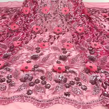 

Baby pink Nigerian lace fabric sequins 3d flower African french lace fabrics high quality tulle net lace fabric for wedding