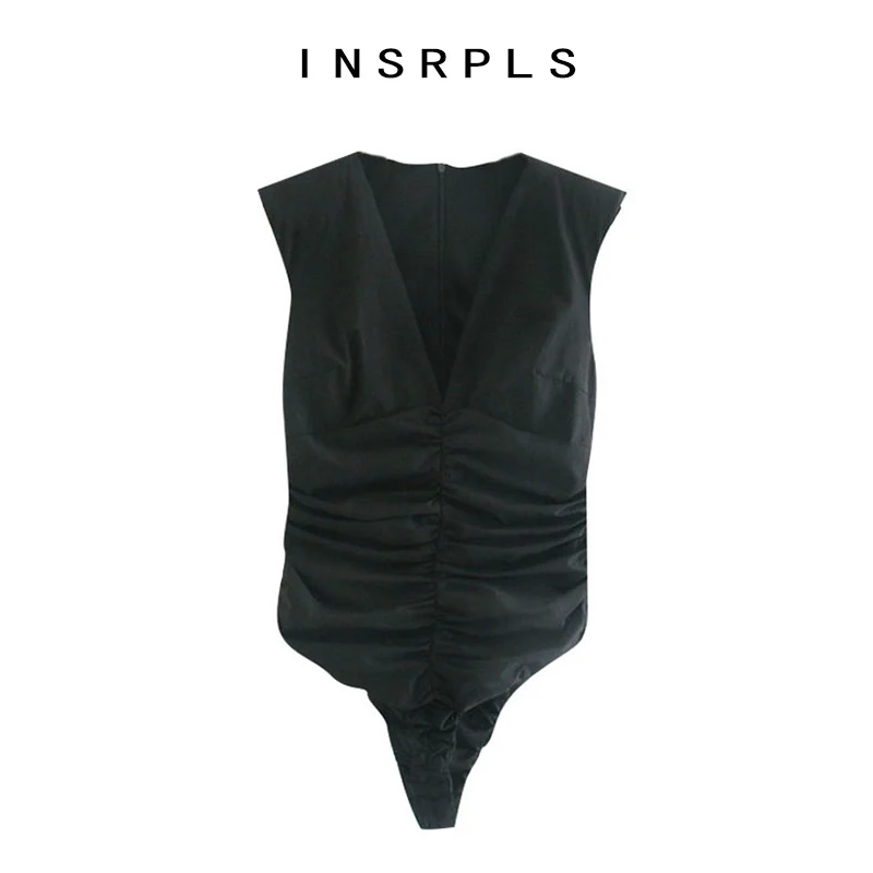 INSPRLS Women Sexy Fashion With Shoulder Pads Pleated Bodysuits Vintage Sleeveless Back Zipper Female Playsuits Chic Tops |