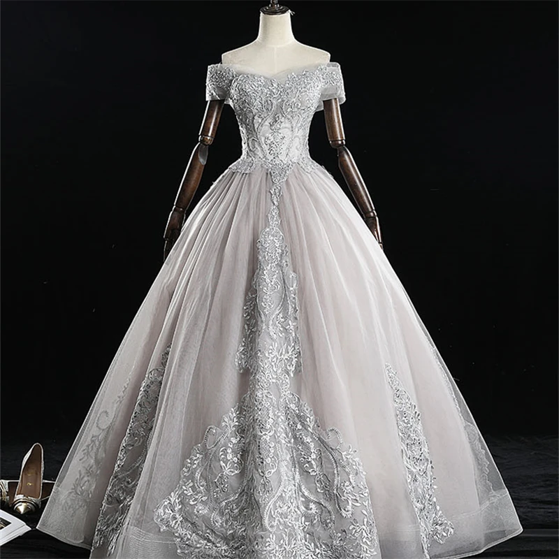 Это Yiya свадебное платье, с вырезом лодочкой свадебное платье es элегантное вышивальное кружево Robe De Mariee с открытыми плечами Свадебное бальное платье CH140 - Цвет: Серый