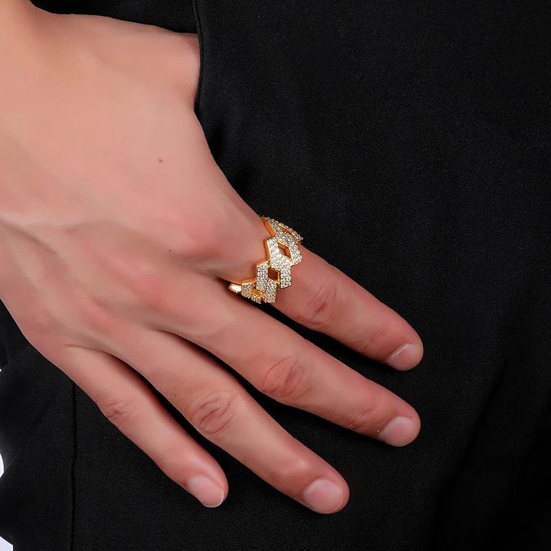 US7 Bling Iced Out Gold Color Cubic Chain Rings For Men Women Micro Pave Prong Setting Ring Hip Hop Jewelry