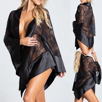 

Women Long Sleeve Mini Lingerie Robe Lace Stitching Sexy Nightgown Solid Color Perspective Thin Robe Femme Silk Nightwear D30