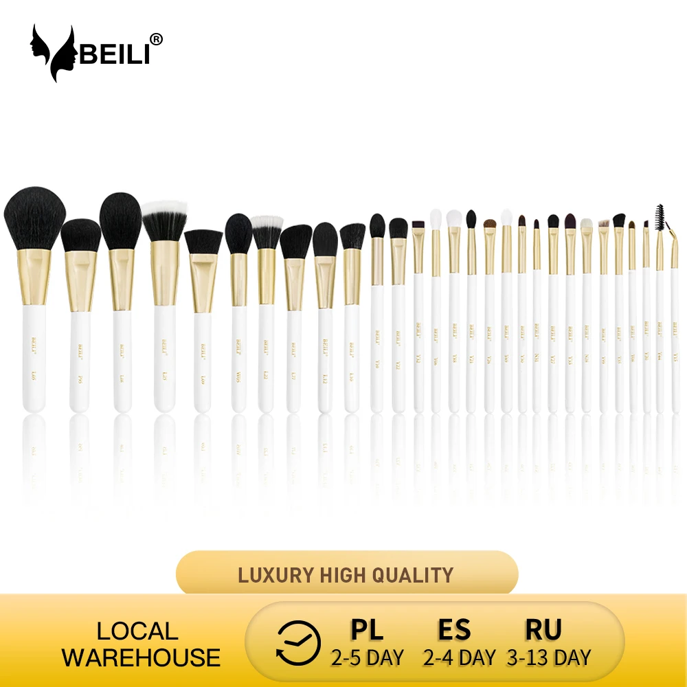 Набор кистей для макияжа BEILI Pearl White Gold 9-32 шт. профессиональные кисти из козы и пони