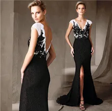 

vestido de festa black and white lace long prom slit 2018 new hot sexy backless v-neck mermaid evening mother of the bride dress