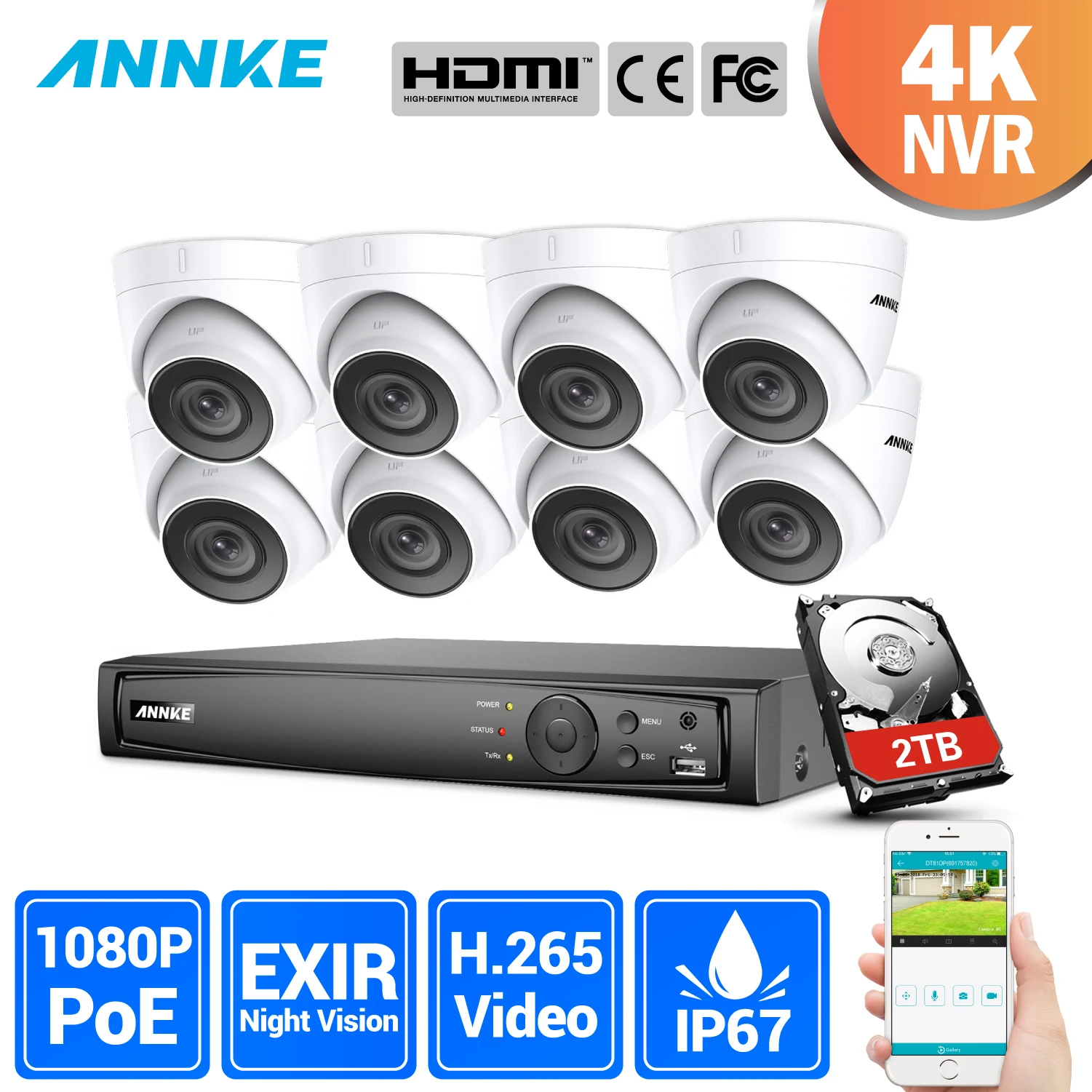 ANNKE 8CH 1080P Ultra HD POE Network Video Security System 8MP H.265 NVR With 8PCS 2MP 30m Night Vision Weatherproof IP Camera |
