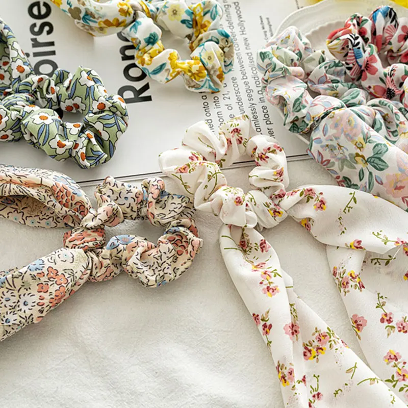 best headbands for women Korean Bow Long Ribbon Hair Scrunchie Chiffon Floral Print Sweet Elastic Hair Band Ponytail Hair Scarf Hair Tie Hair Accessories metal hair clips