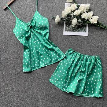 

JULY'S SONG Fashion 2 Piece Stain Silk Top And Shorts Women Pajamas Set Summer Wave Point Cute Pajamas Sling Short Home Wear