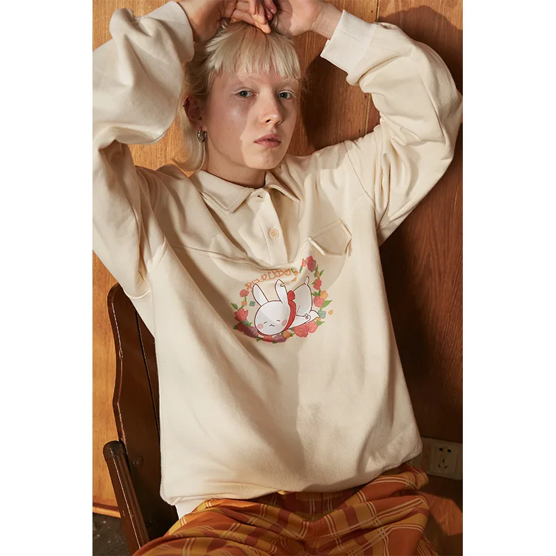 

UNIFREE Fall 2019 New Female Personality Long Sleeve Loose Leisure Simple Turn-collar Guard U193A111YY