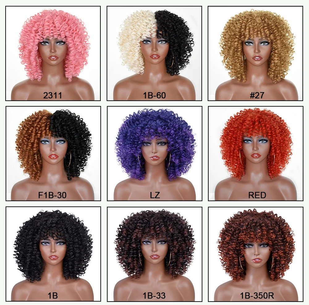 Short Afro Kinky Curly Wigs With Bangs For Black Women Synthetic Ombre Natural Heat Resistant Hair Brown Cosplay Highlight Wigs