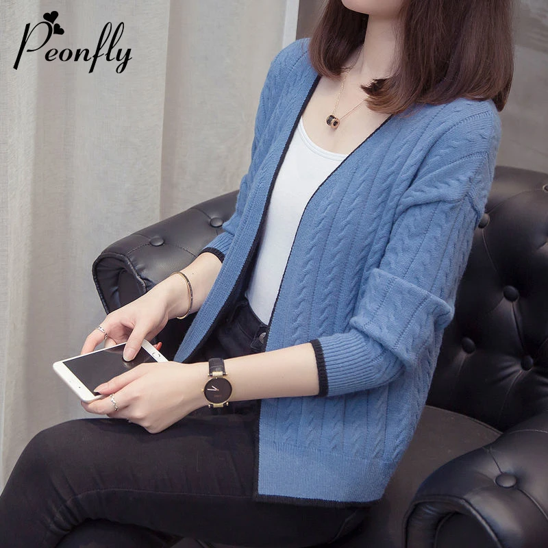 PEONFLY Knitted Cardigan Women 2022 Autumn Long Sleeve V Neck Women's Sweater Cardigan Female Open Stitch Pull Femme Blue
