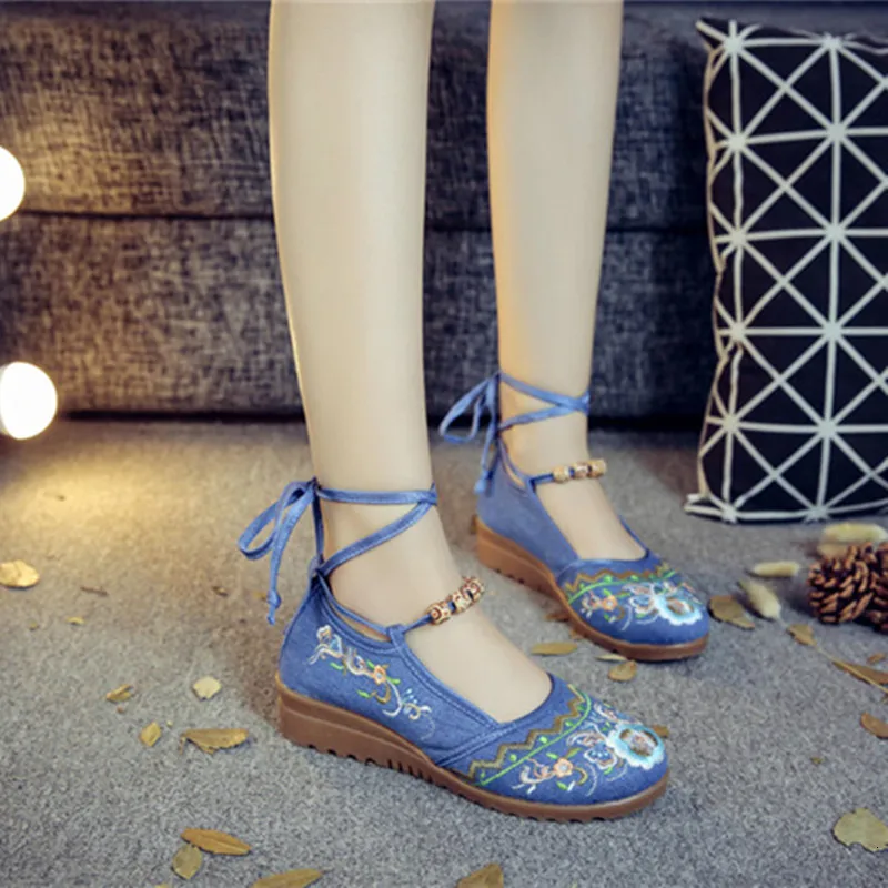 

Beaded String Women Canvas Embroidered Flat Platforms Ankle Lace up Ladies Casual Cotton Fabric Shoes chaussures femme Zapatos