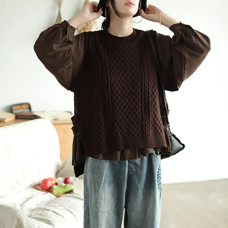 Johnature Vintage Sweater 2020 New Spring Women Clothes Pullovers Lantern Sleeve O-neck Fake Two Piece Leisure Ladies Sweaters | Женская