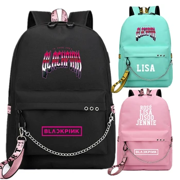 

BlackPink Rose Lisa Fans USB Backpack School Bags Black Pink Mochila Travel Book Bags Laptop Chain Backpack Headphone USB Port