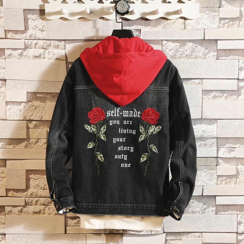 

Spring And Autumn Men Embroidery Denim Hooded Jacket Men VogueWashed Jean Jacket Coat Cowboy Removable Cap Outerwear Male