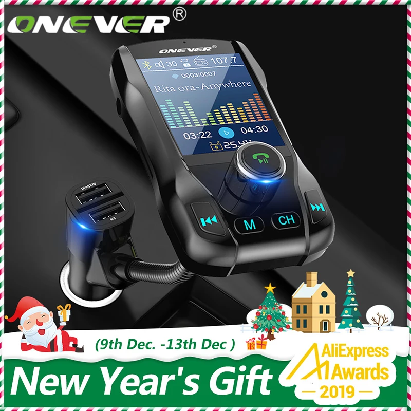 Tanie Onever kolorowy ekran nadajnik FM bezprzewodowy samochodowy zestaw głośnomówiący Bluetooth 360 obrotowy samochodowy MP3 Audio z 5V 3.1A podwójnym ładowaniem USB
